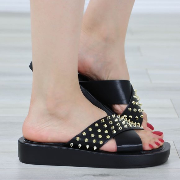 Black Sliders Slip On Sandals Faux Leather Gold Metal Stud Criss Cross - Picture 3 of 12